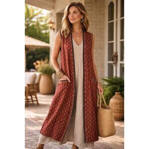 Orvis Indian Block Print Full Length Sleeveless Duster Vest – 100% Cotton (L)